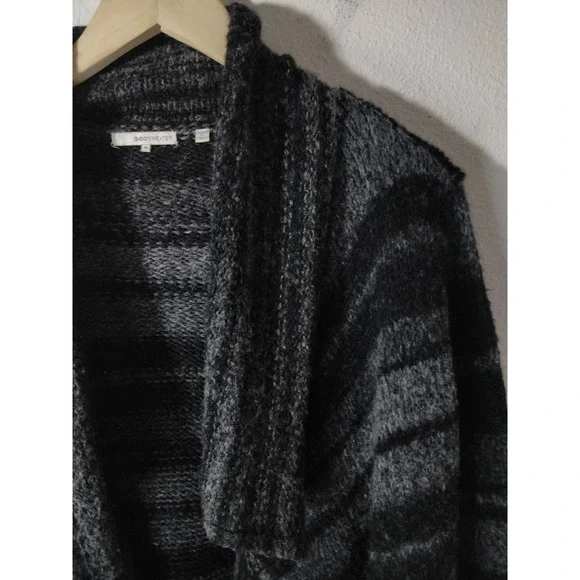 360 Sweater Gray & Black Striped Wool Blend Drape Front Open Cardigan Size S - Picture 2 of 7